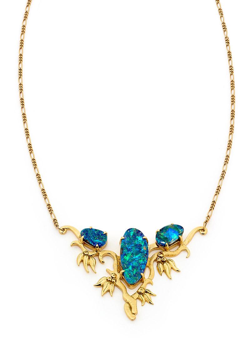 Romantic Natural Untreated Australian Boulder Opals Necklace Set In 18K Yellow Gold For Sale