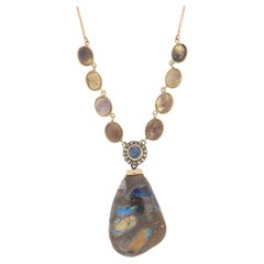 Australian Opal 14 Karat Yellow Gold Diamonds Pendant Necklace
