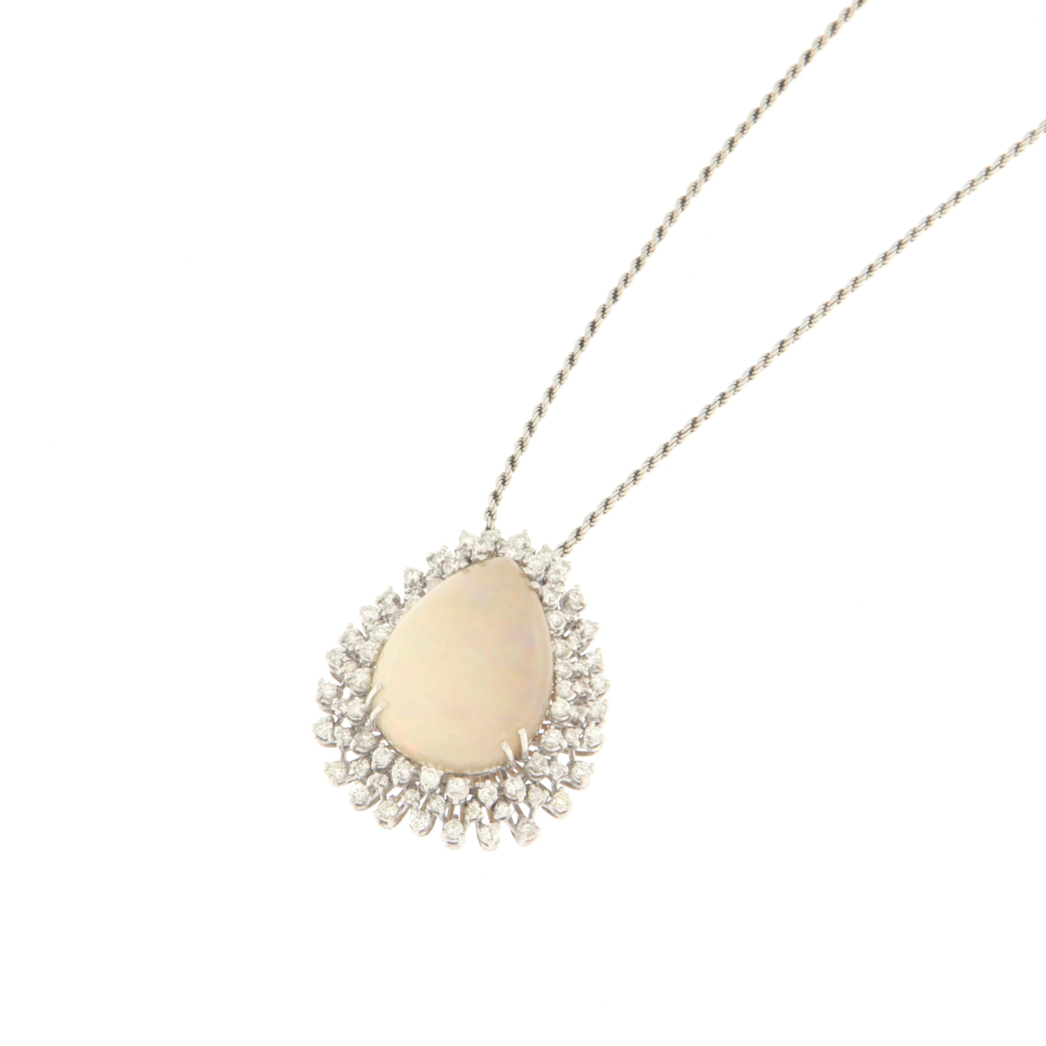 Artisan Australian Opal 18 Karat White Gold Diamonds Pendant Necklace For Sale