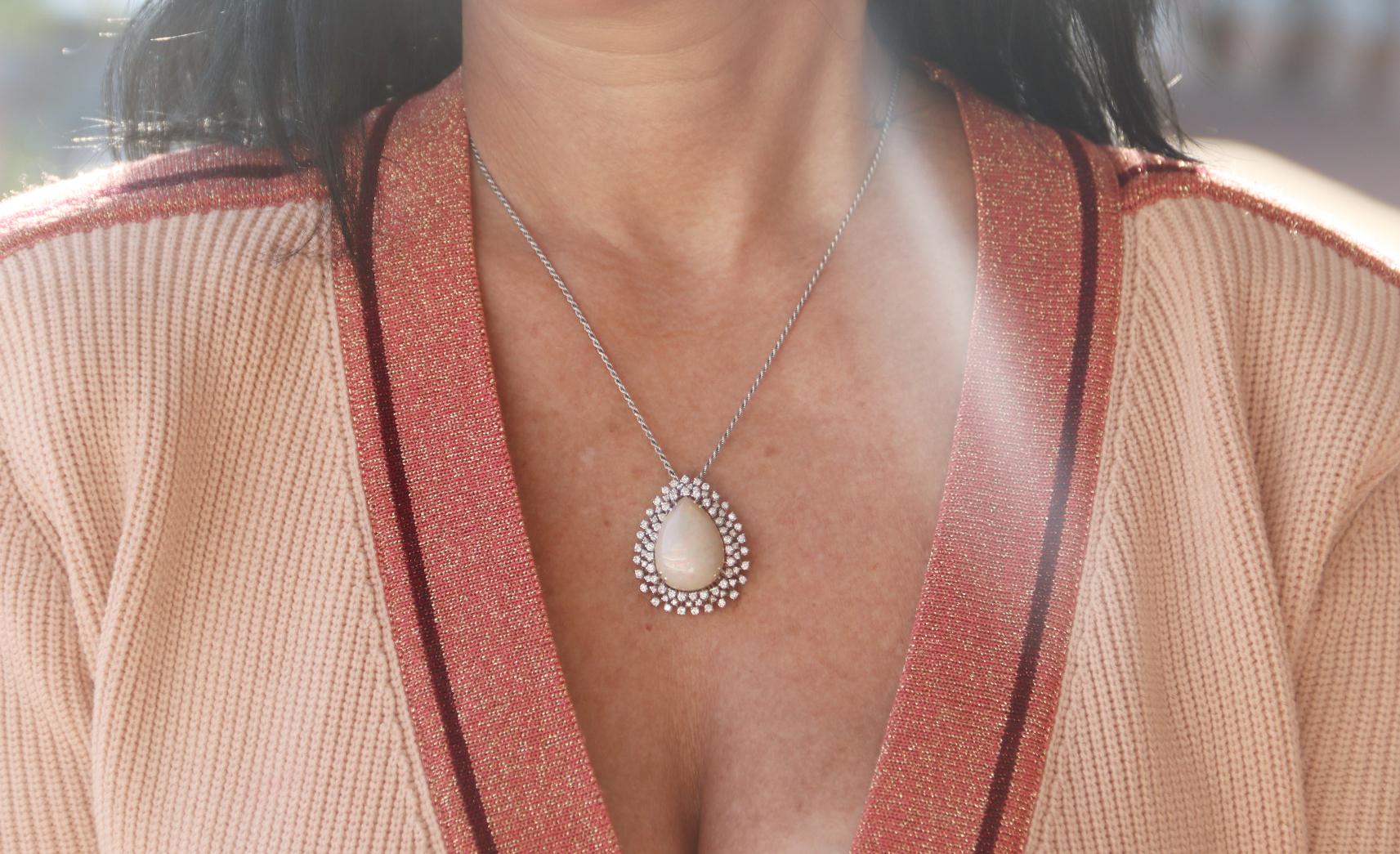 Australian Opal 18 Karat White Gold Diamonds Pendant Necklace For Sale 3