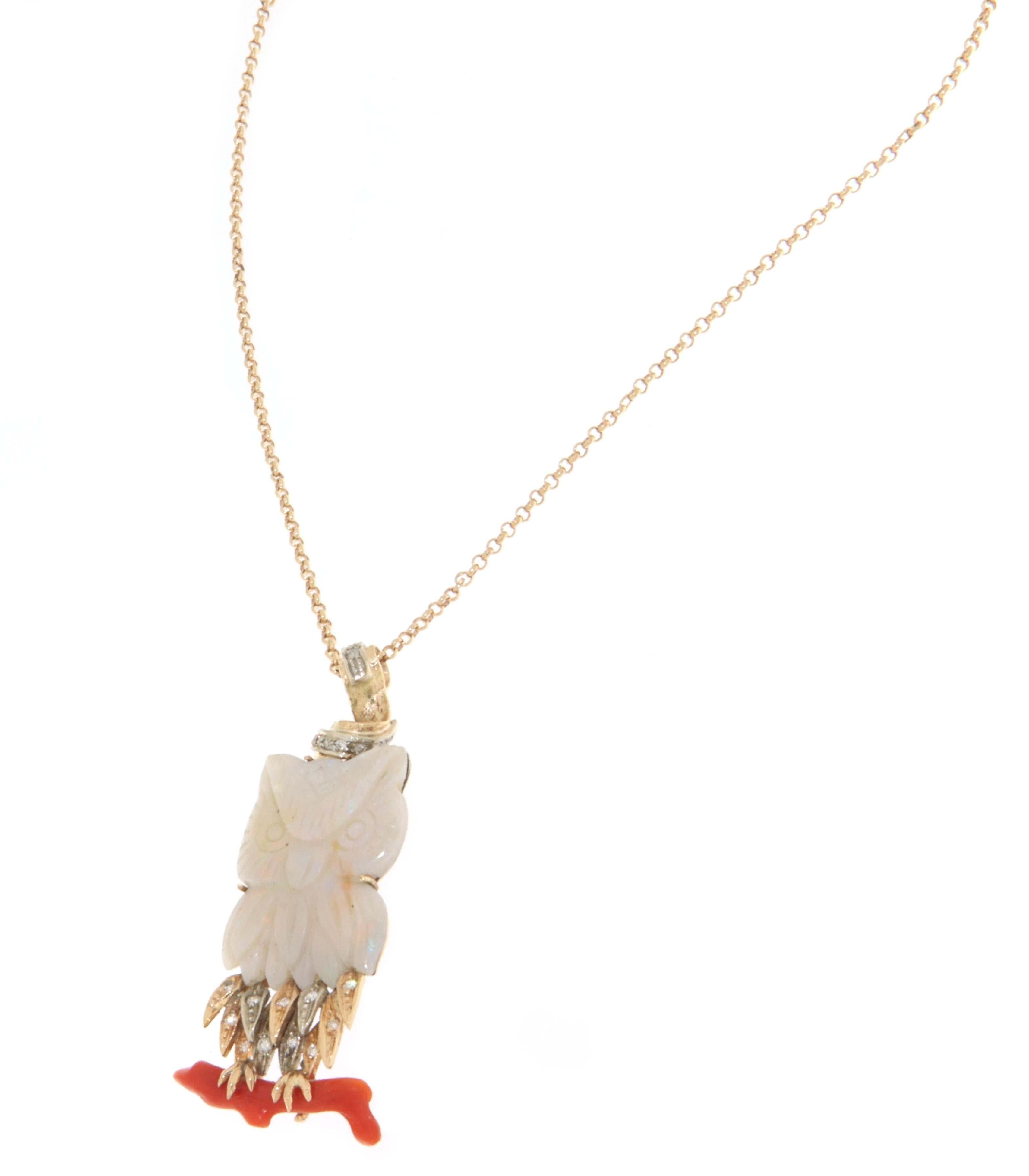Artisan Australian Opal 18 Karat Yellow Gold Diamonds Coral Pendant Necklace  For Sale