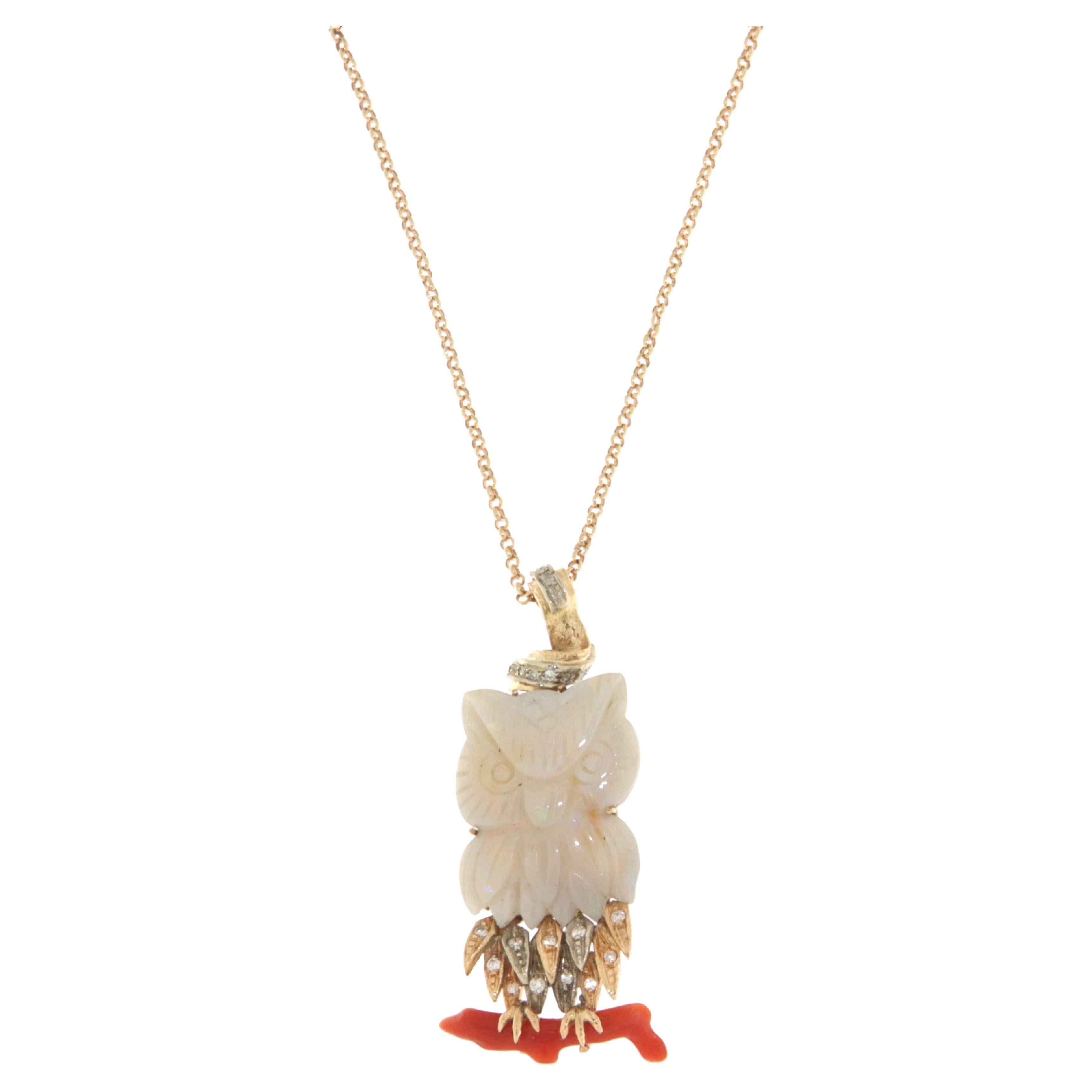 Australian Opal 18 Karat Yellow Gold Diamonds Coral Pendant Necklace  For Sale