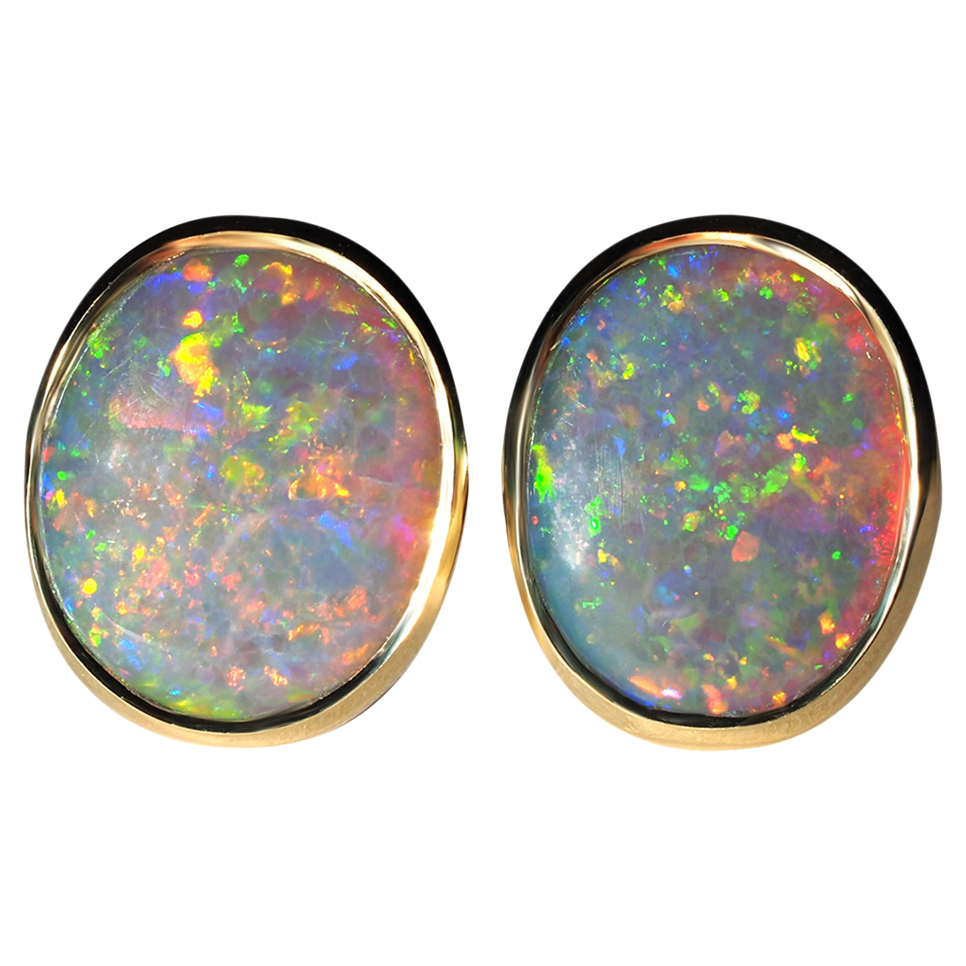 Australian Opal 18K Gold Stud Earrings natural genuine opals