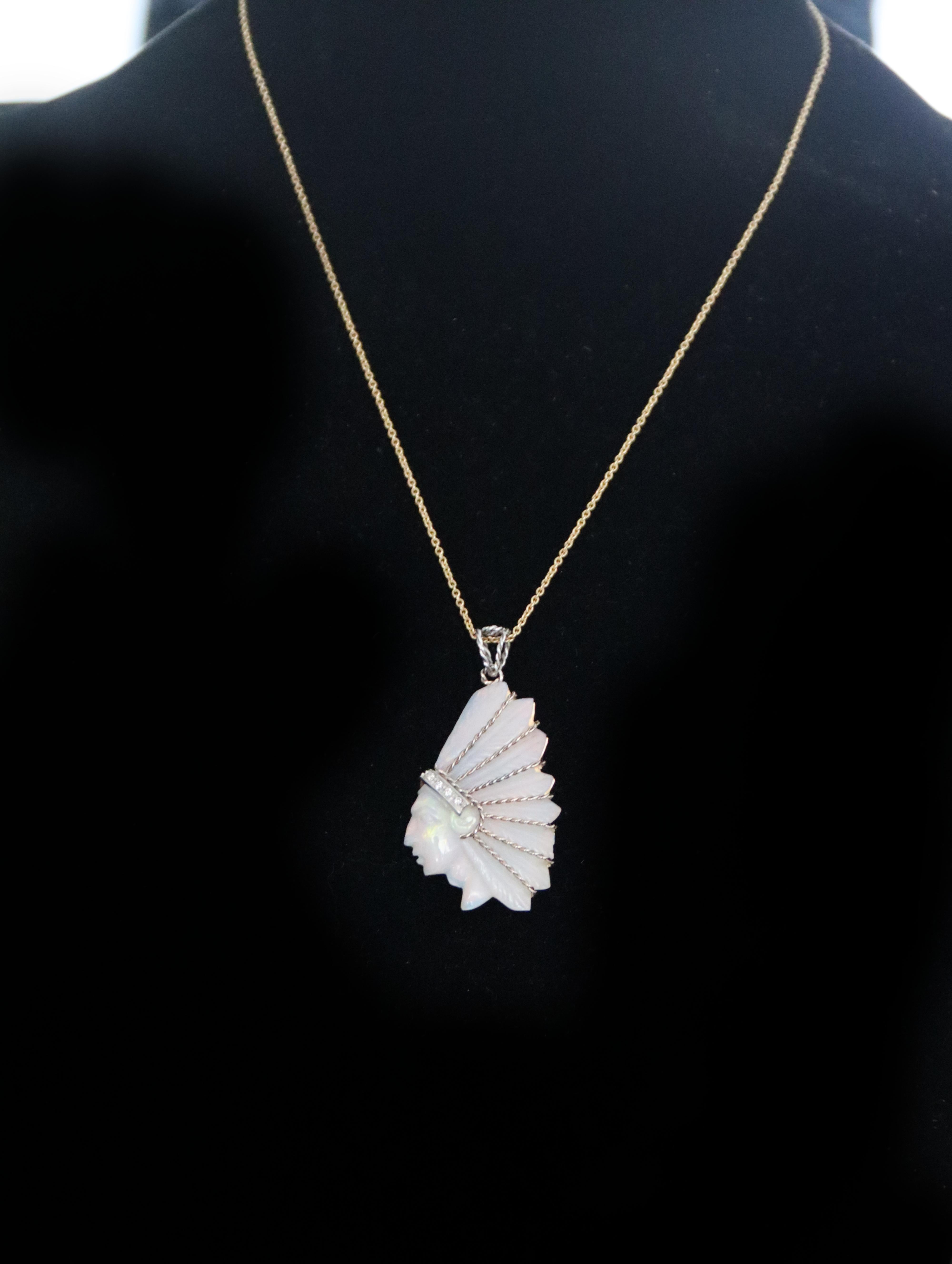 Australian Opal American Indian 18 Karat White Gold Diamonds Pendant Necklace For Sale 5