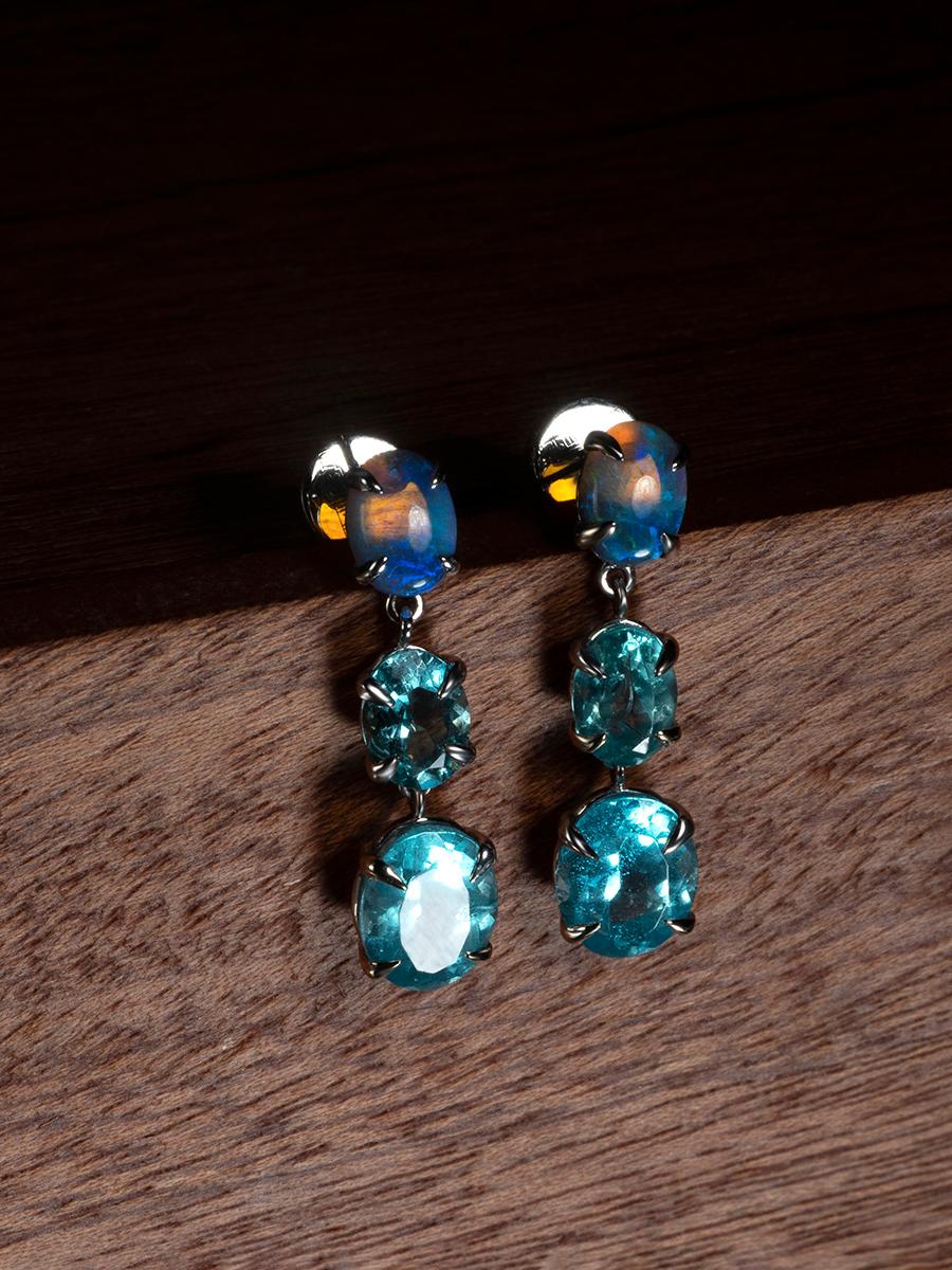Australian Opal and Apatite White Gold Earrings For Sale 4