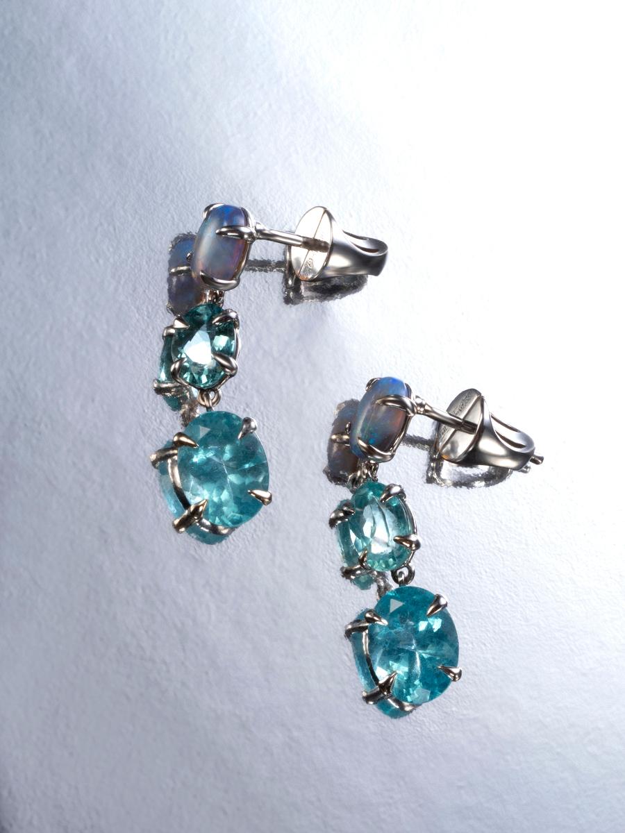 Australian Opal and Apatite White Gold Earrings For Sale 2