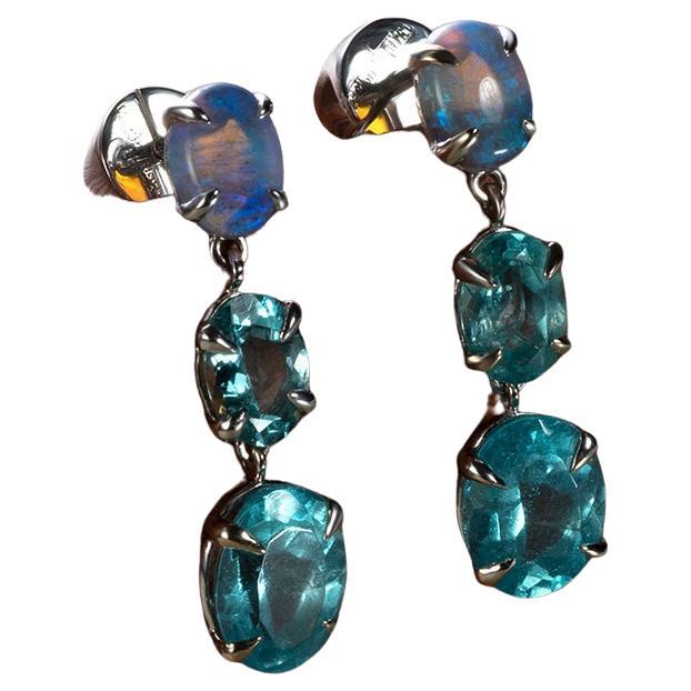 Australian Opal and Apatite White Gold Earrings For Sale