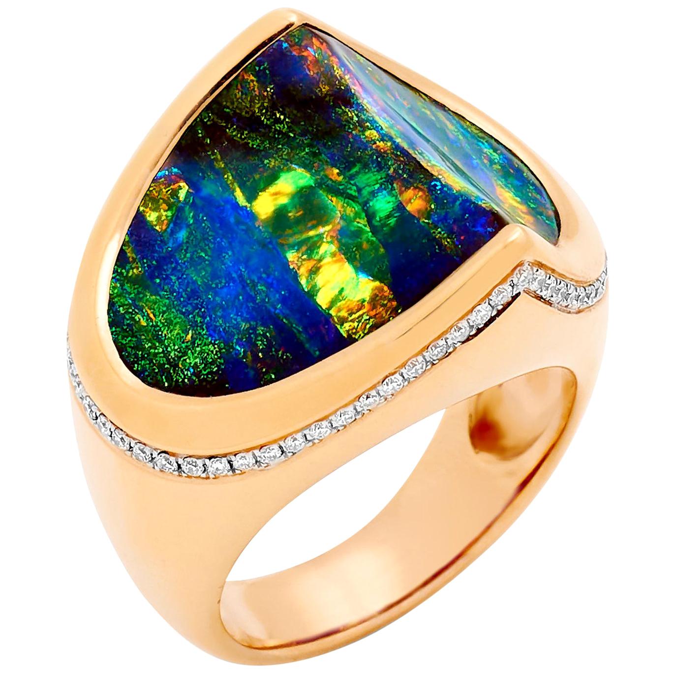 Australian 16.46ct Boulder Opal  and Diamond Cocktail Ring in 18K Rose Gold