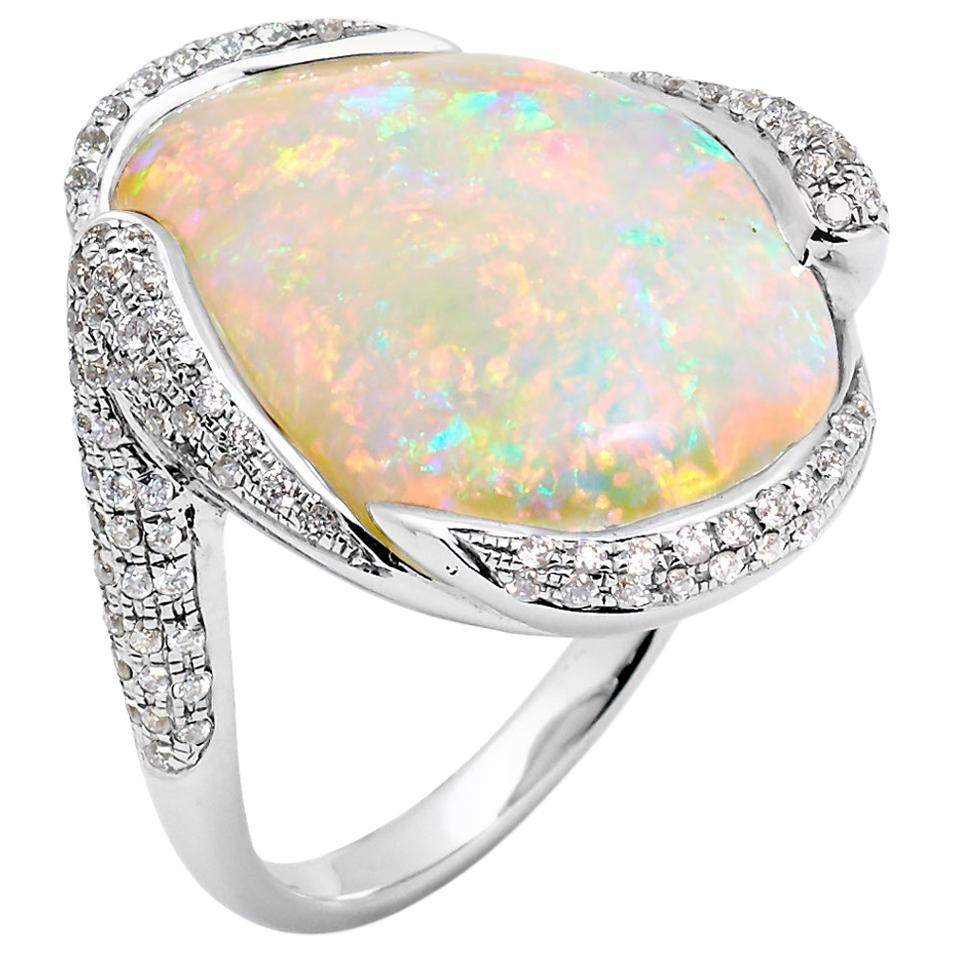 Natural Australian 11.07ct Boulder Opal/Diamond Cocktail Ring in 18K White Gold For Sale