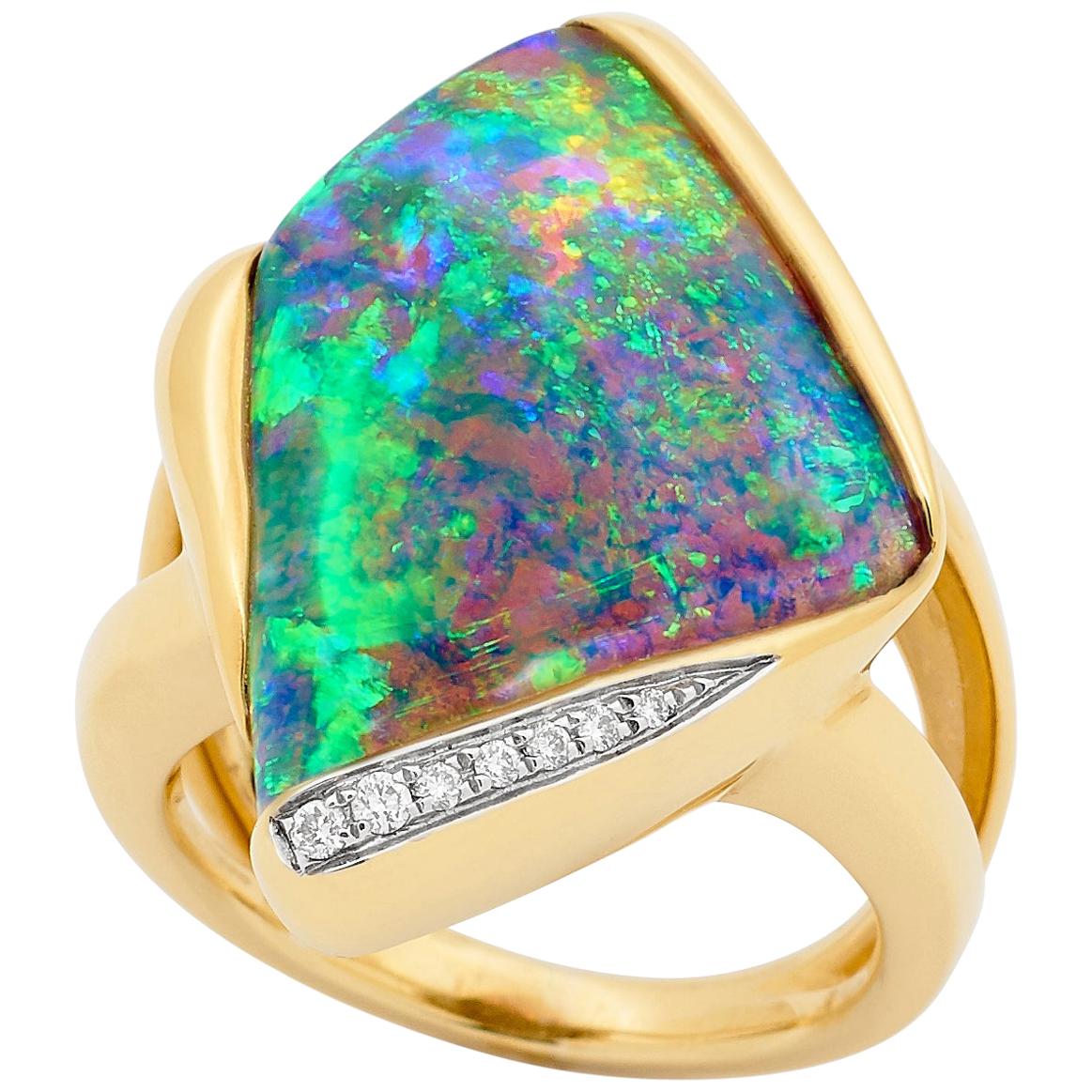 Australian Natural Untreated 17.53ct Pipe Opal Diamond Cocktail Ring 18K Gold