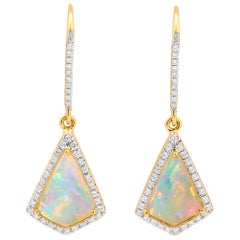 Australian 2.31ct Semi-translucet Opals, Diamond Dangle Earrings 18K Yellow Gold