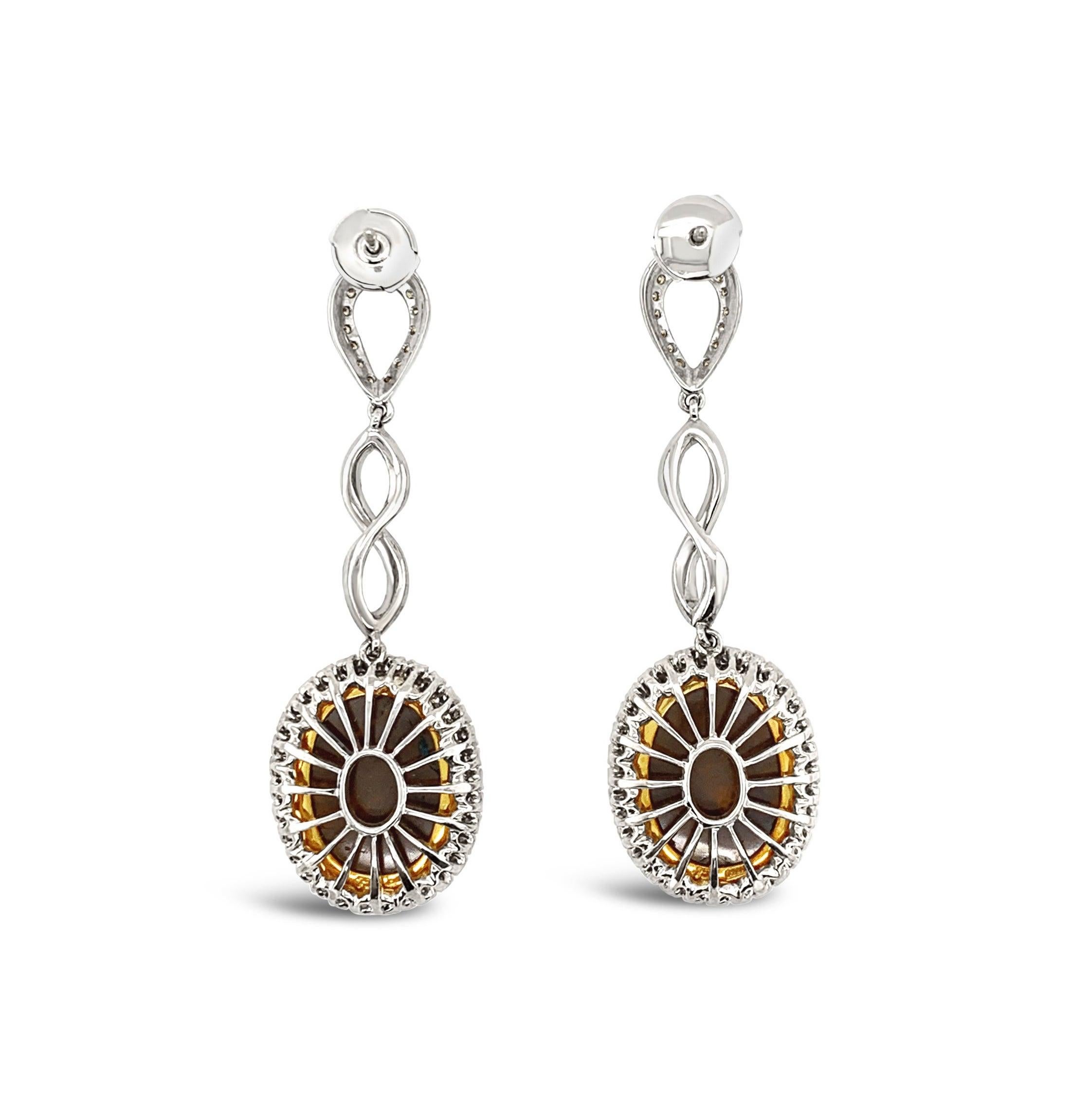 Cabochon Australian 21.28ct Precious Opals, Diamonds Drop Earrings 18K White, Yellow Gold