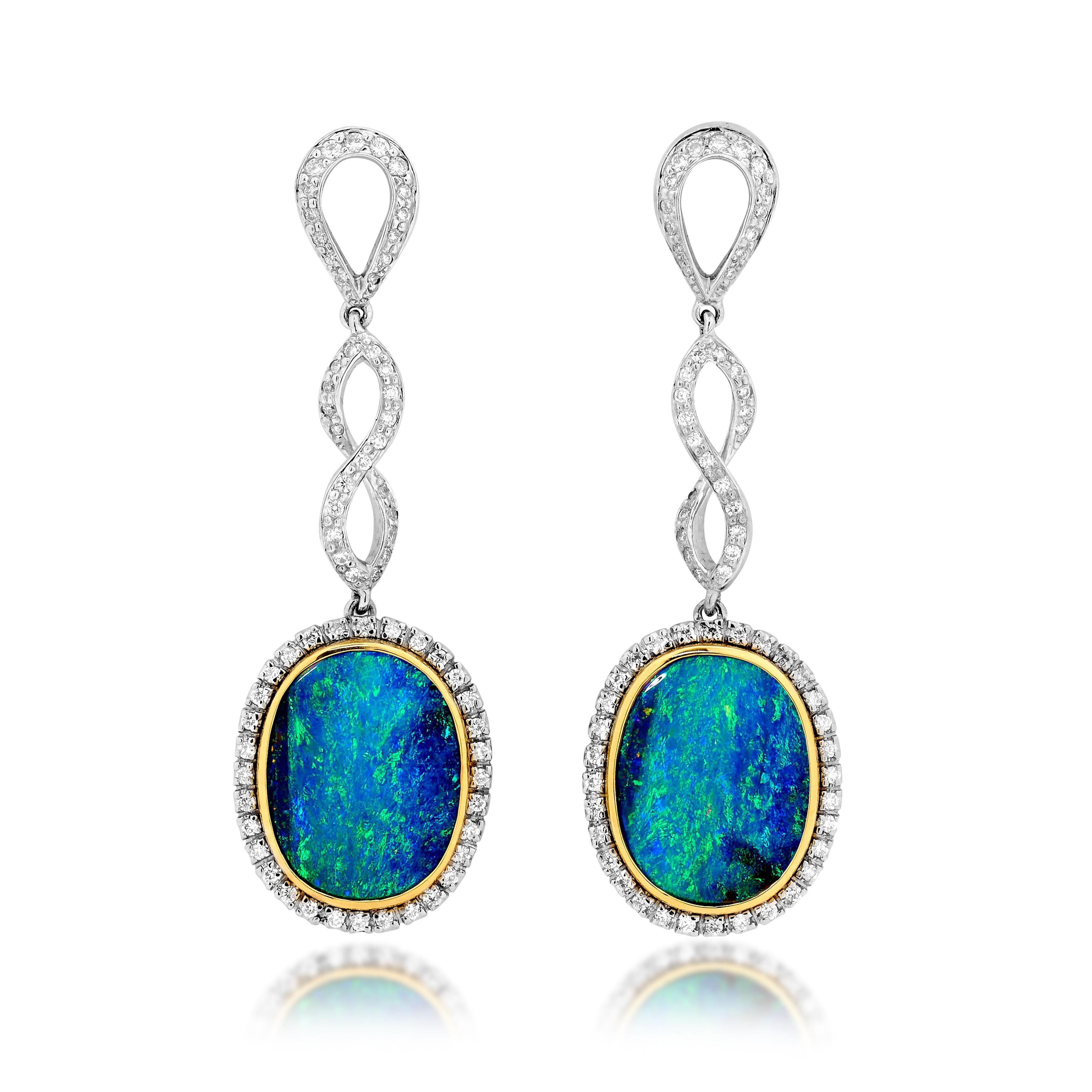 Contemporary Australian 21.28ct Precious Opals, Diamonds Drop Earrings 18K White, Yellow Gold