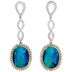 Australian 21.28ct Precious Opals, Diamonds Drop Earrings 18K White, Yellow Gold