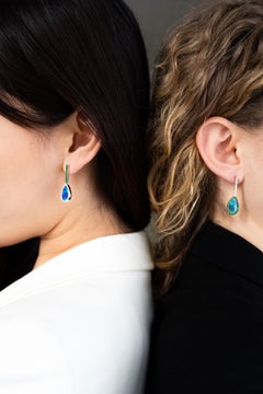 Natural Australian 7.40ct Boulder Opal, Diamond Dangle Earrings 18K White Gold
