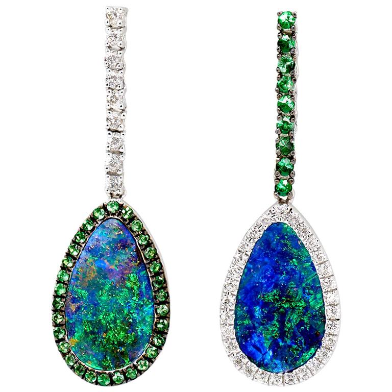 Natural Australian 7.40ct Boulder Opal, Diamond Dangle Earrings 18K White Gold  For Sale