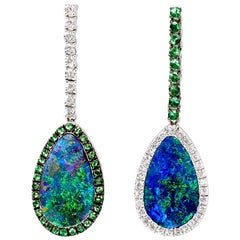 Natural Australian 7.40ct Boulder Opal, Diamond Dangle Earrings 18K White Gold 