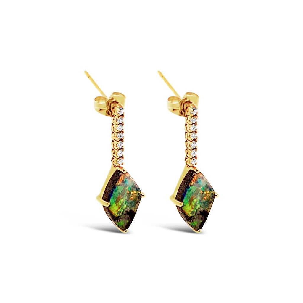 Cabochon Australian 4.26ct Boulder Opal and Diamond Drop Earrings in 18K Yellow Gold