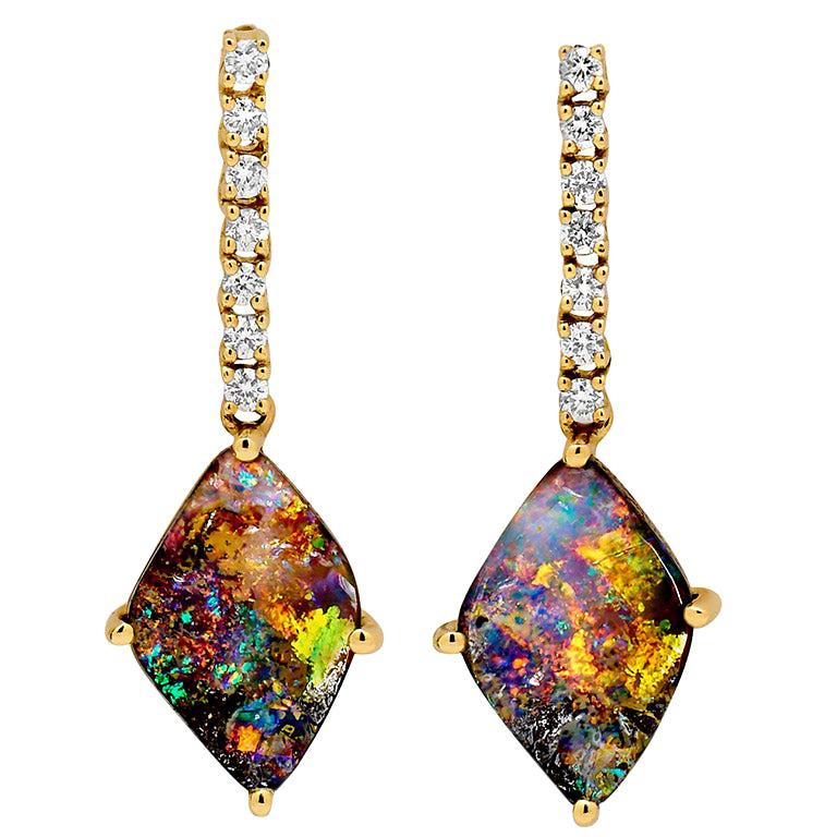 Australian 4.26ct Boulder Opal and Diamond Drop Earrings in 18K Yellow Gold