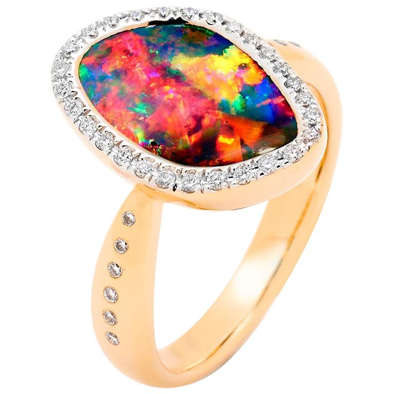 Natural Untreated Australian 3.46ct Opal Diamonds Engagement Ring 18K Rose Gold