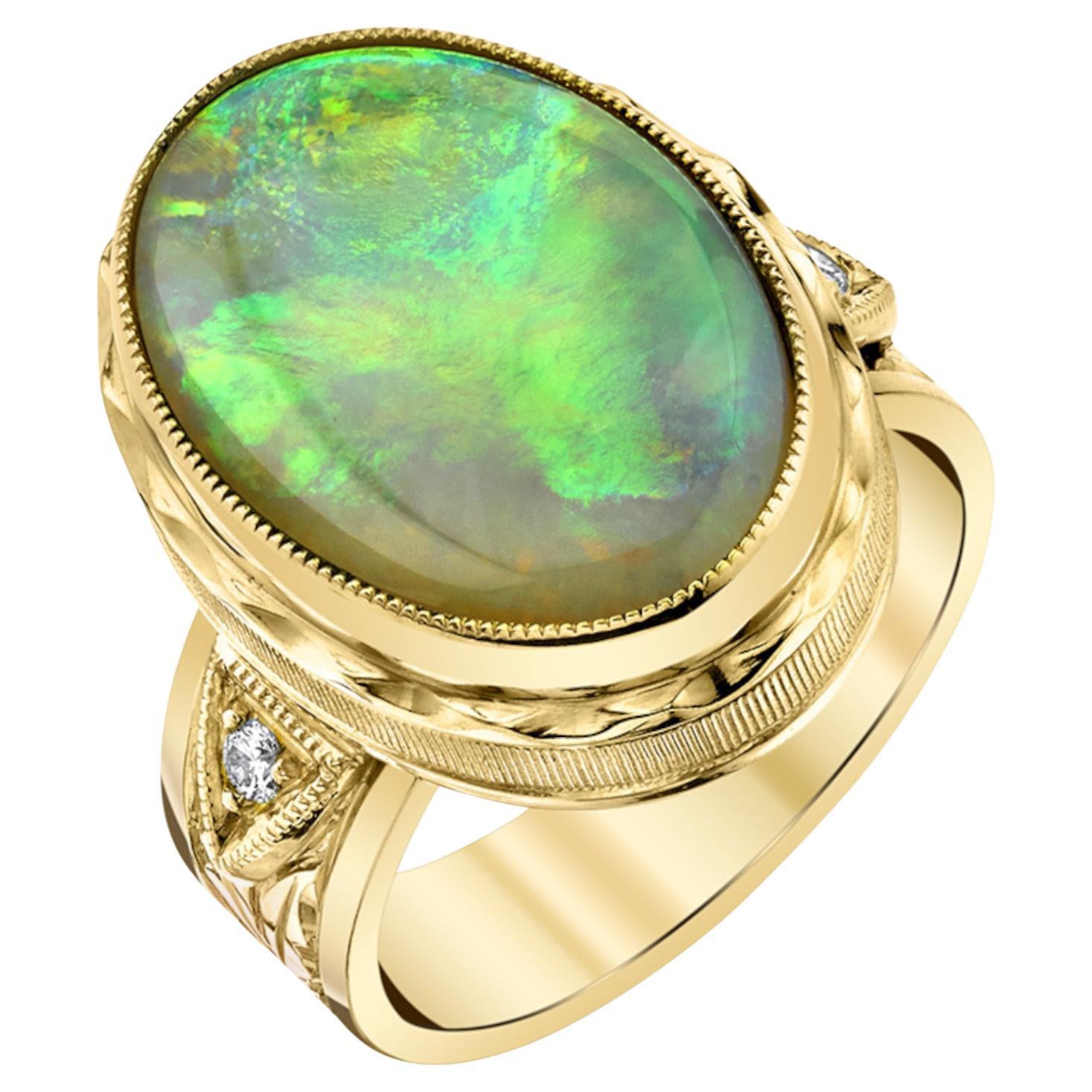 6.32 Carat Australian Opal and Diamond Yellow Gold Signet Dome Band Band en vente