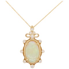 Australian Opal and Diamond Pendant and Chain 3 Carat Opal 14 Karat Yellow Gold