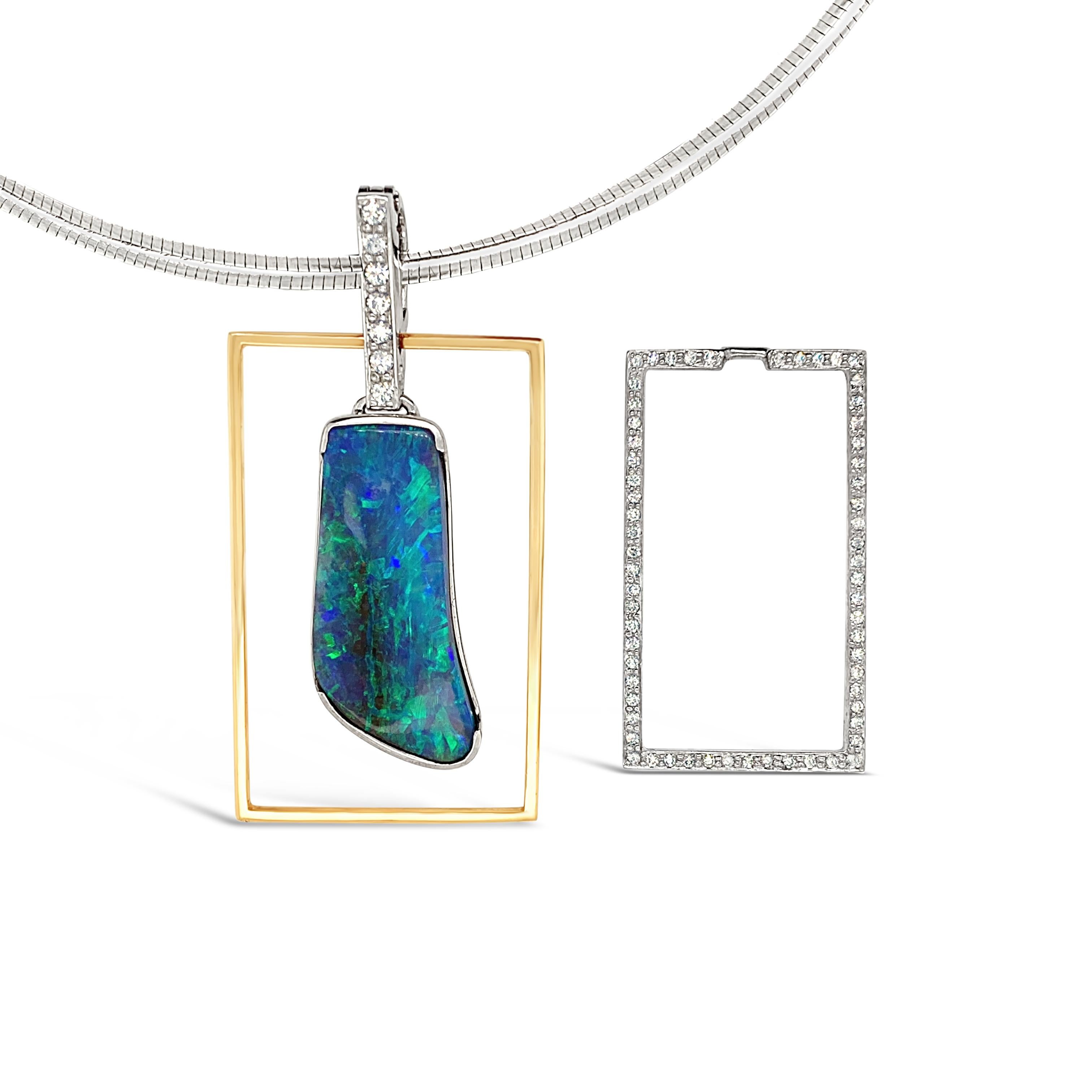 Cabochon Australian 14.97ct Boulder Opal Diamond Pendant Necklace in 18K White, Rose Gold