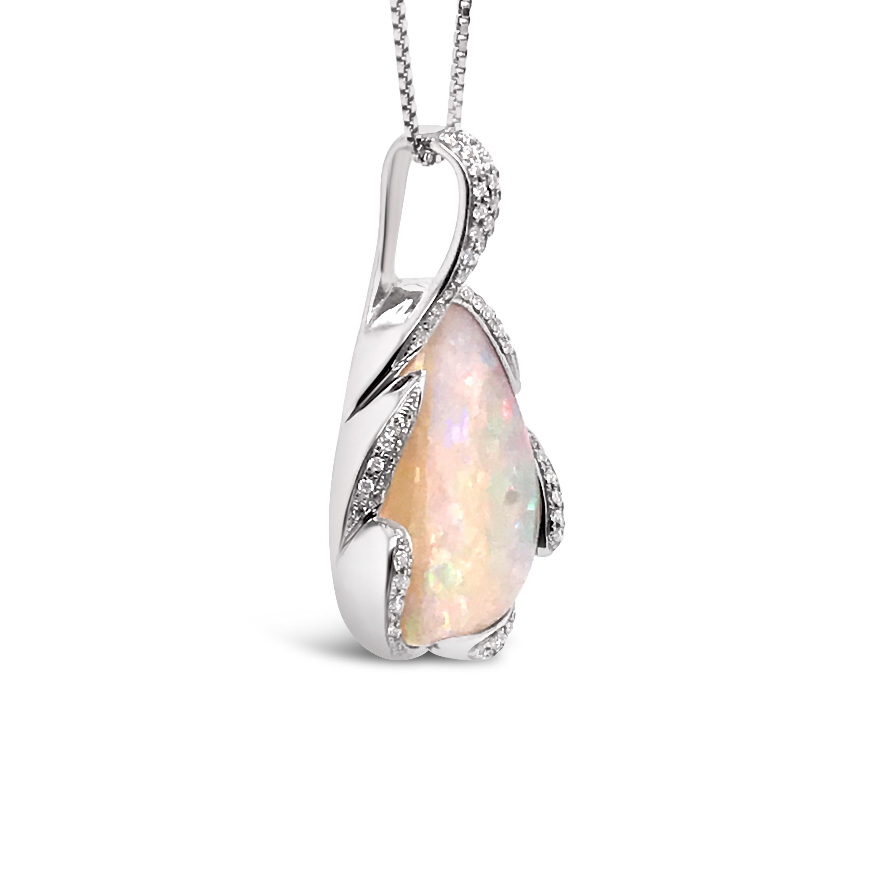 Contemporary Natural Australian 13.62ct Boulder Opal and Diamond Necklace in 18K White Gold 