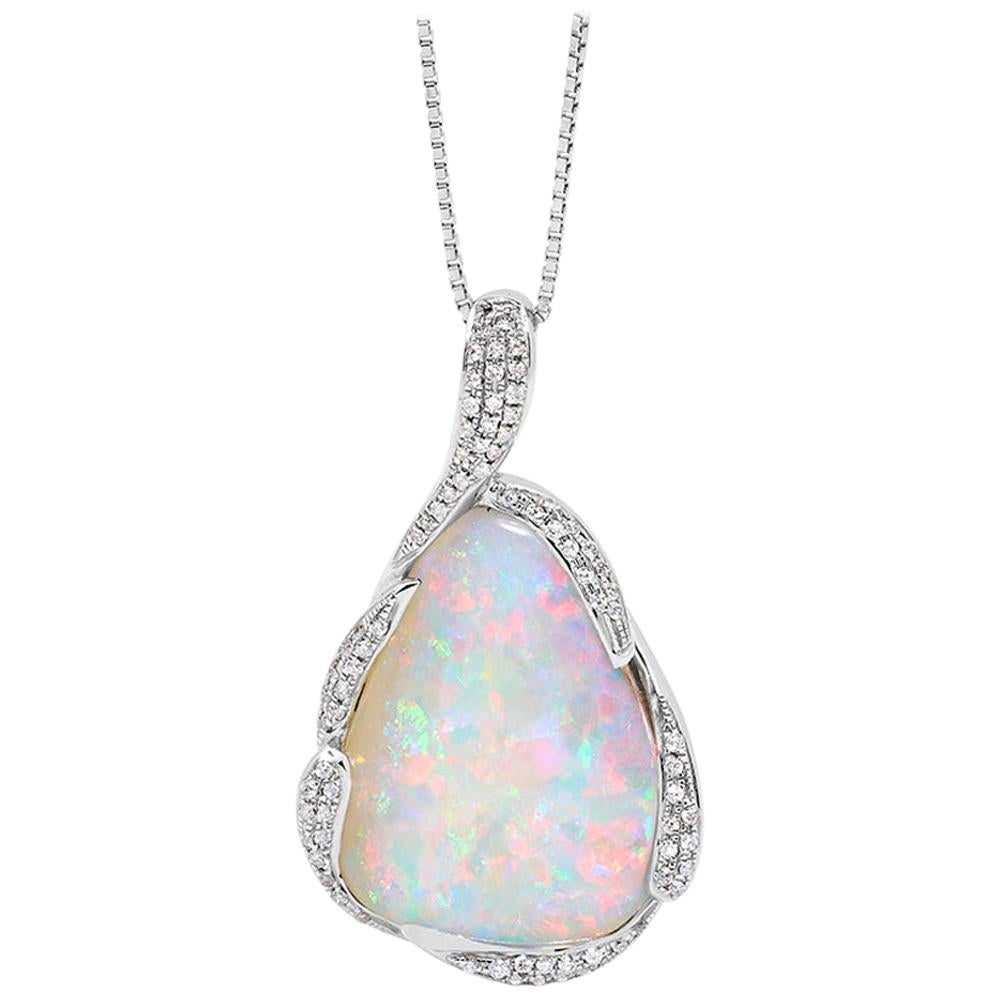Natural Australian 13.62ct Boulder Opal and Diamond Necklace in 18K White Gold 