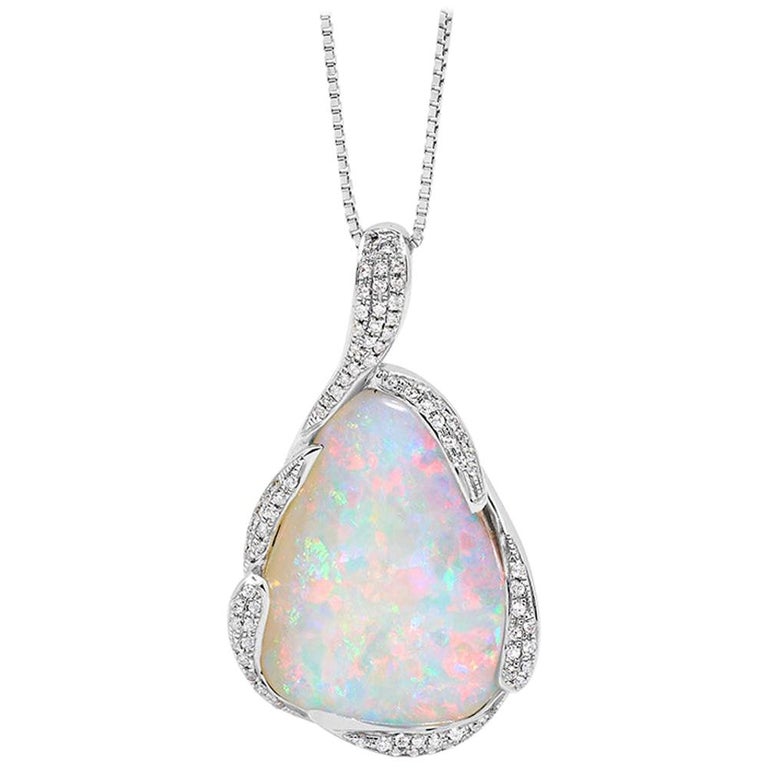 Australian Opal and Diamond Pendant in 18 Karat White Gold For Sale at ...