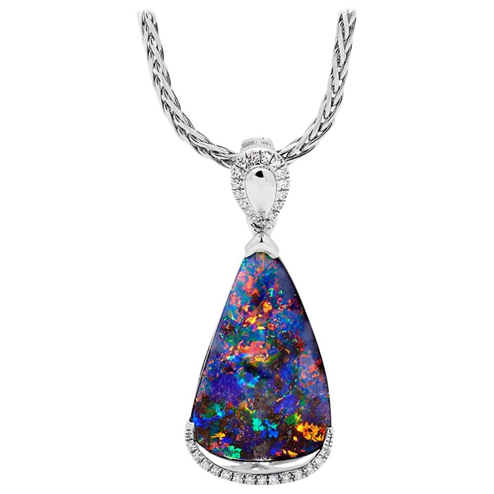 Natural Australian 8.22ct Boulder Opal Diamond Pendant Necklace 18K White Gold For Sale