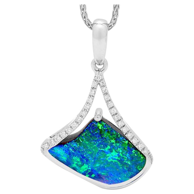 Natural Australian 7.52ct Boulder Opal and Diamond Necklace in 18K White Gold For Sale