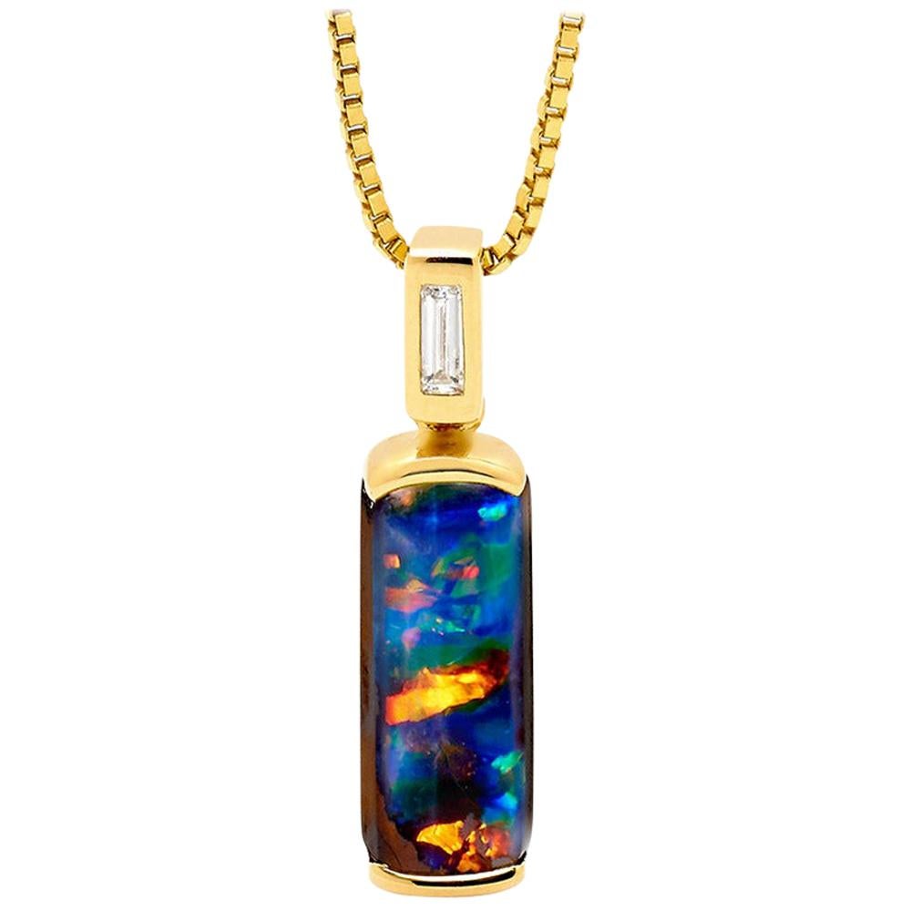 Natural Australian 2.54ct  Boulder Opal and Diamond Pendant Necklace in 18K Gold