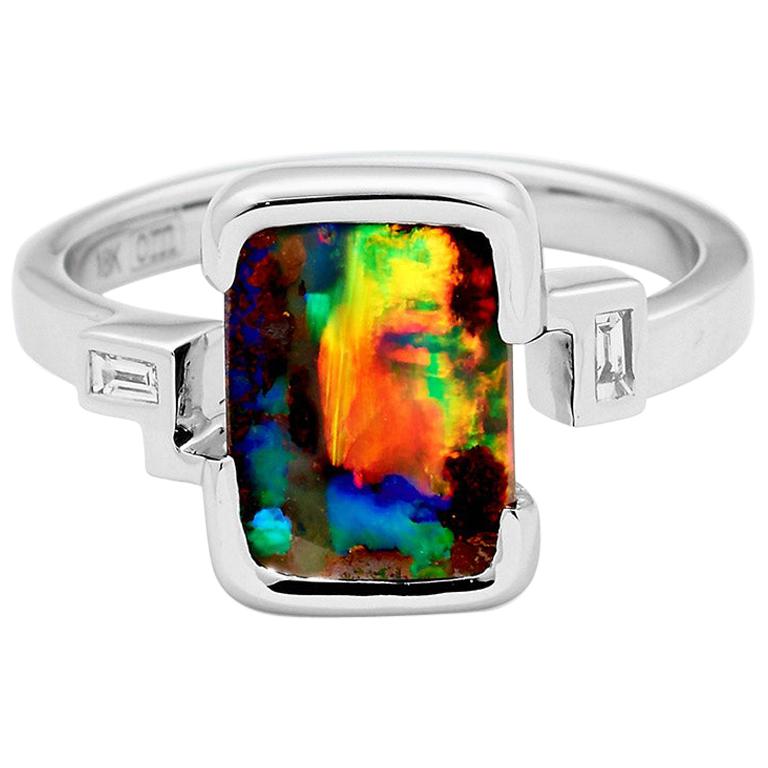 Australian  2.60ct Boulder Opal and Diamond Engagement Ring in 18K White Gold