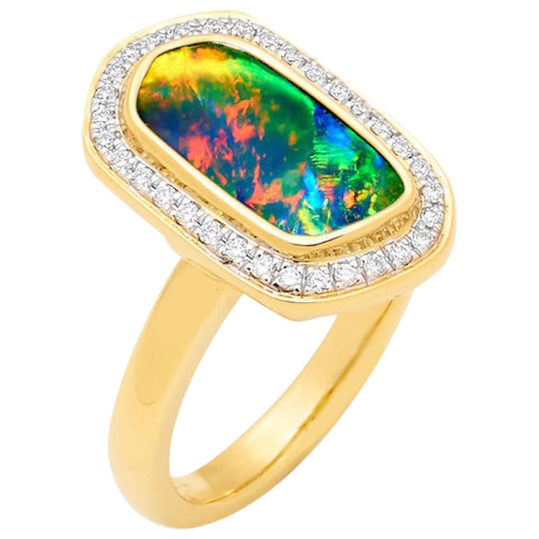 Australian Natural 3.44ct Boulder Opal Diamond Ring Pendant Necklace 18K Gold