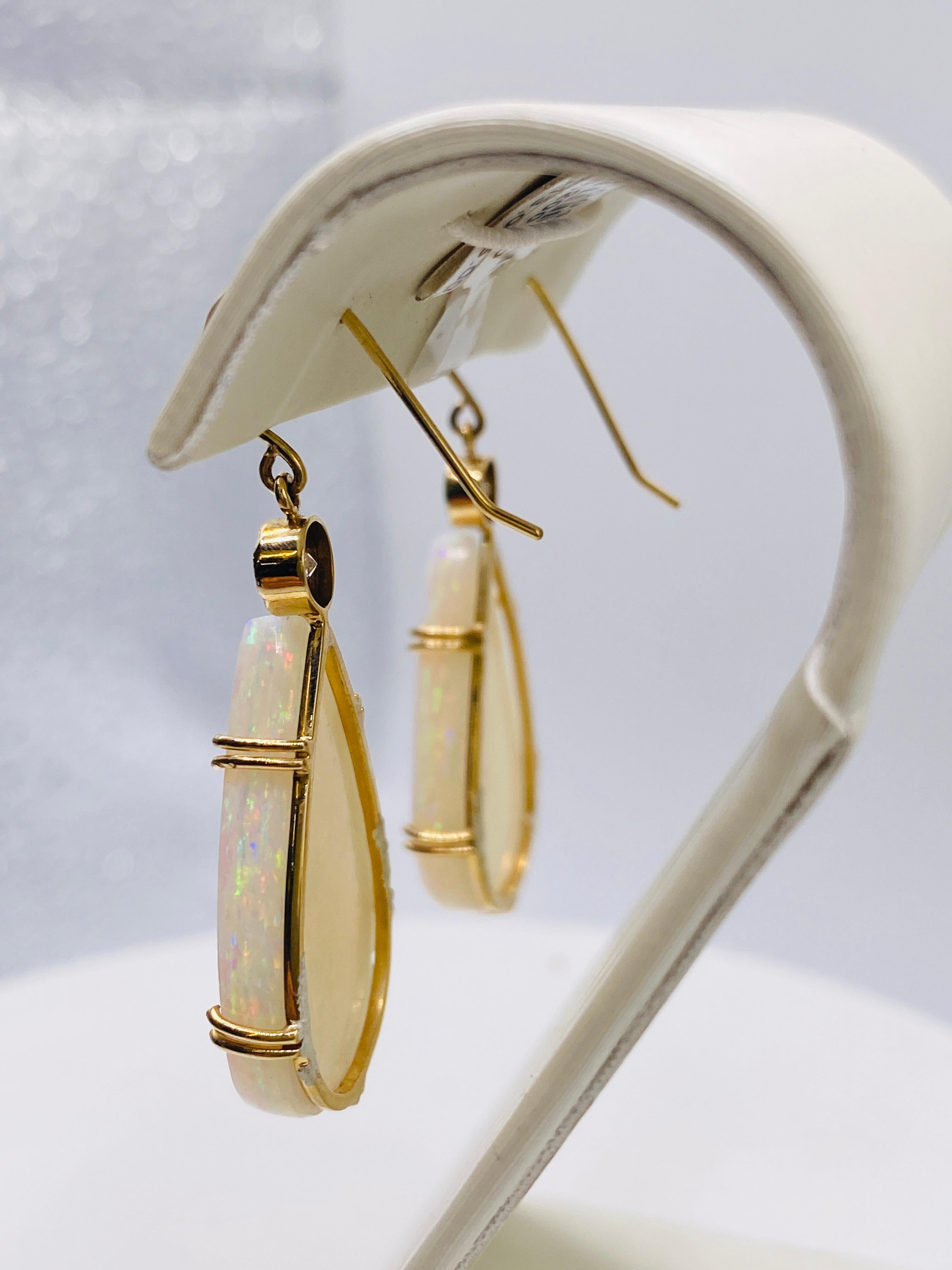 Women's or Men's Australian Opal and Diamond Yellow Gold Earrings