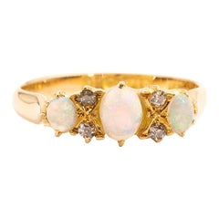 Australian Opal and Old Cut Diamond Vintage Ring in 18 Carat Yellow Gold
