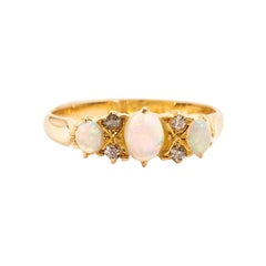 Australian Opal and Old Cut Diamond Vintage Ring in 18 Carat Yellow Gold