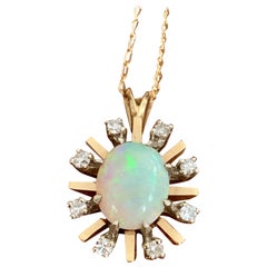 Australian Opal and Single Cut Diamond 14 Karat Yellow Gold Pendant and Chain