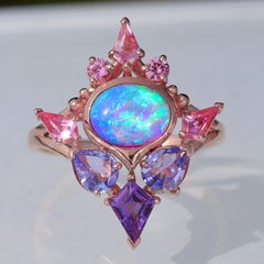 Australian Opal Artemis Ring with Violet Opal, Tanzanite, Sapphires, 14k Gold