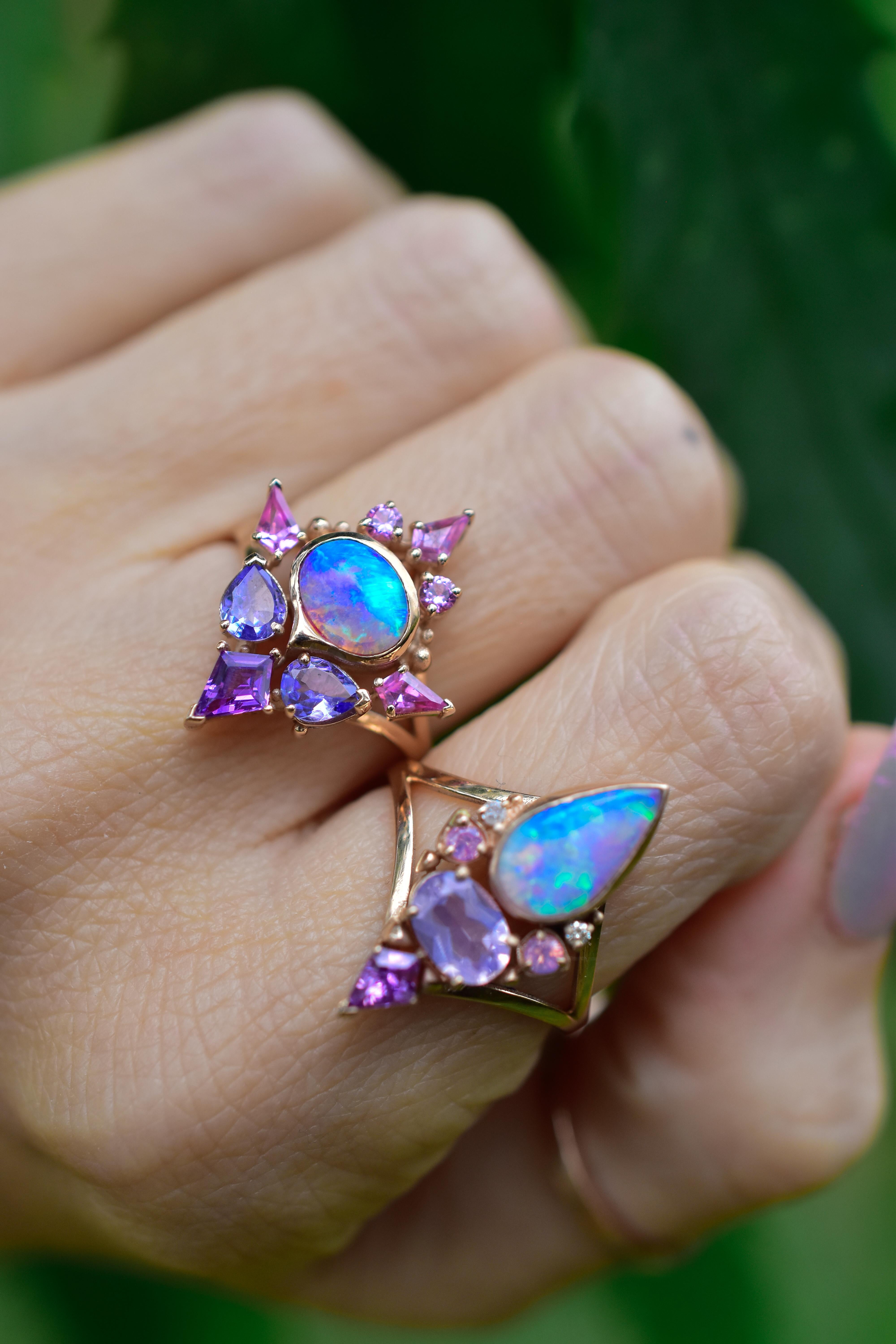 Artisan Australian Opal Artemis Ring with Violet Opal, Tanzanite, Sapphires, 14k Gold