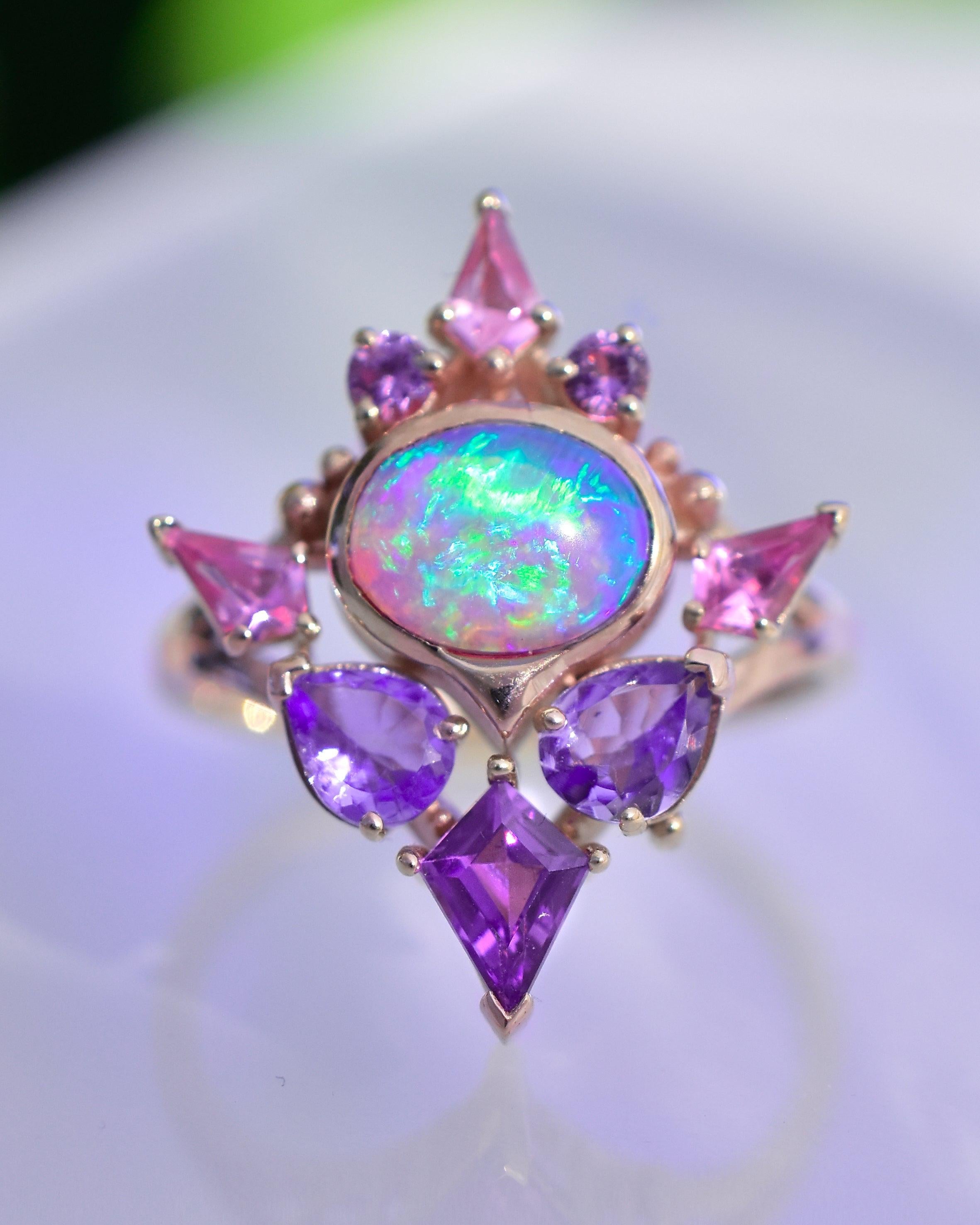 Cabochon Australian Opal Artemis Ring with Violet Opal, Tanzanite, Sapphires, 14k Gold