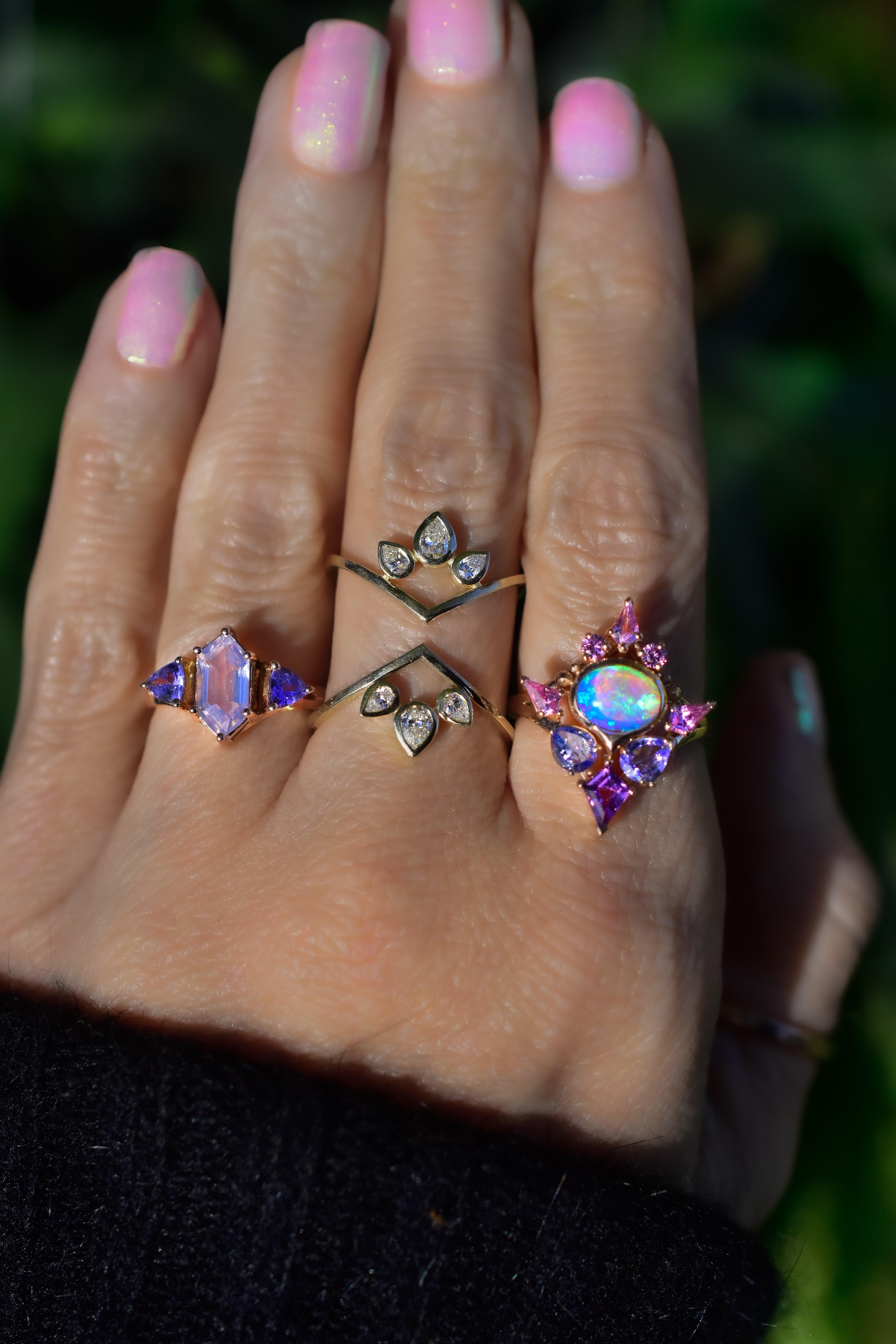 Australian Opal Artemis Ring with Violet Opal, Tanzanite, Sapphires, 14k Gold In New Condition In Kula, HI