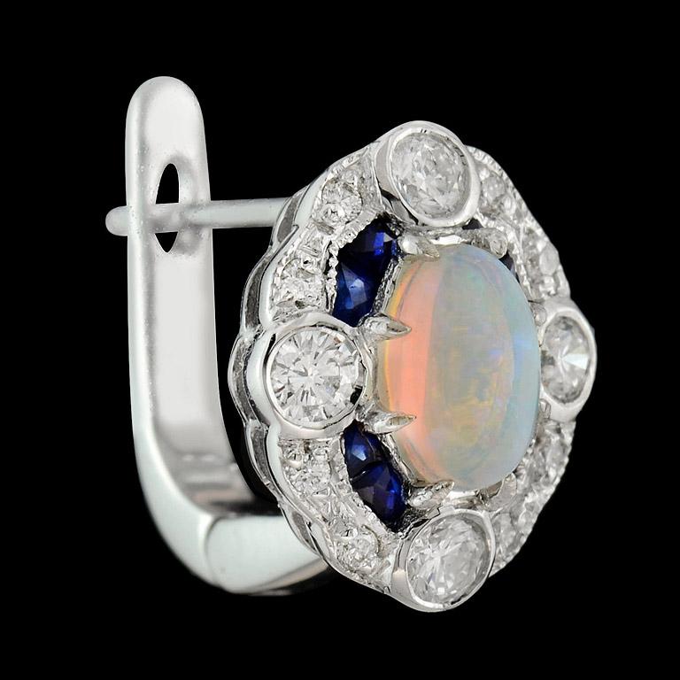 Art Deco Australian Opal Blue Sapphire Diamond Earring