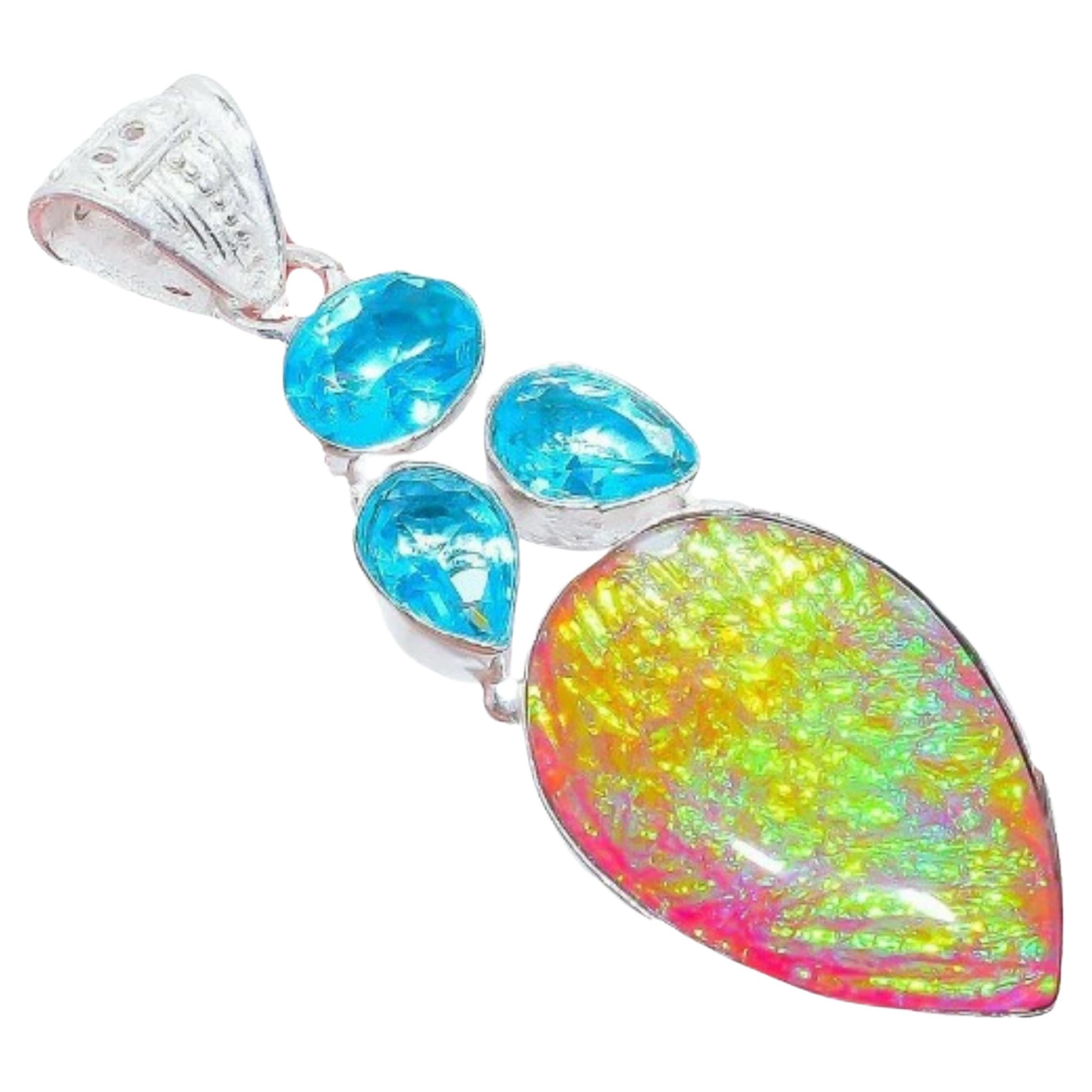 Australian Opal Blue Topaz Pendant and Chain For Sale