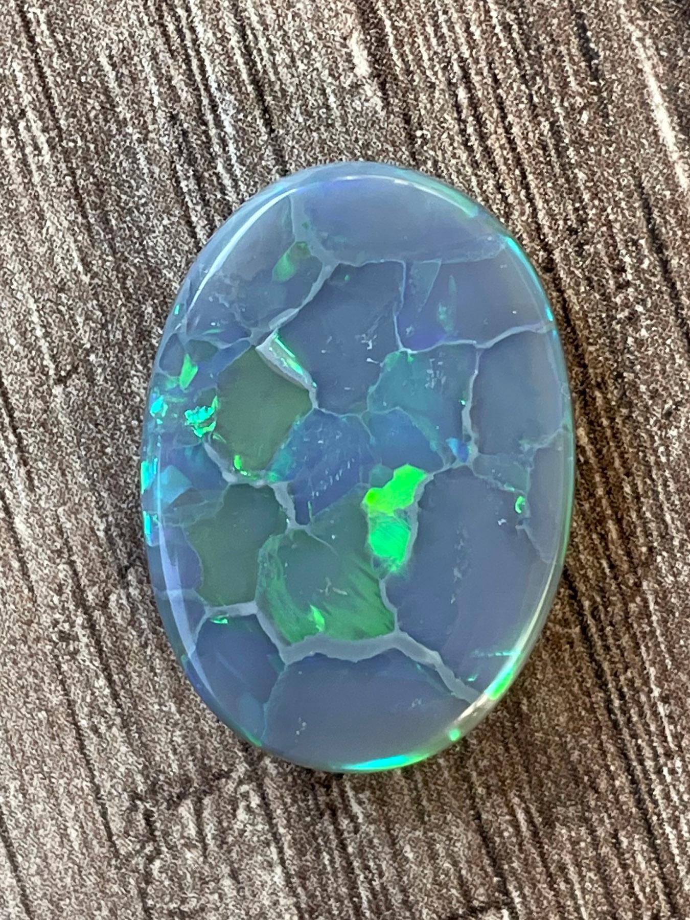 Women's or Men's Australian Opal Cabochon Unique Pattern Light Blue Neon Green Grey Lightning Art