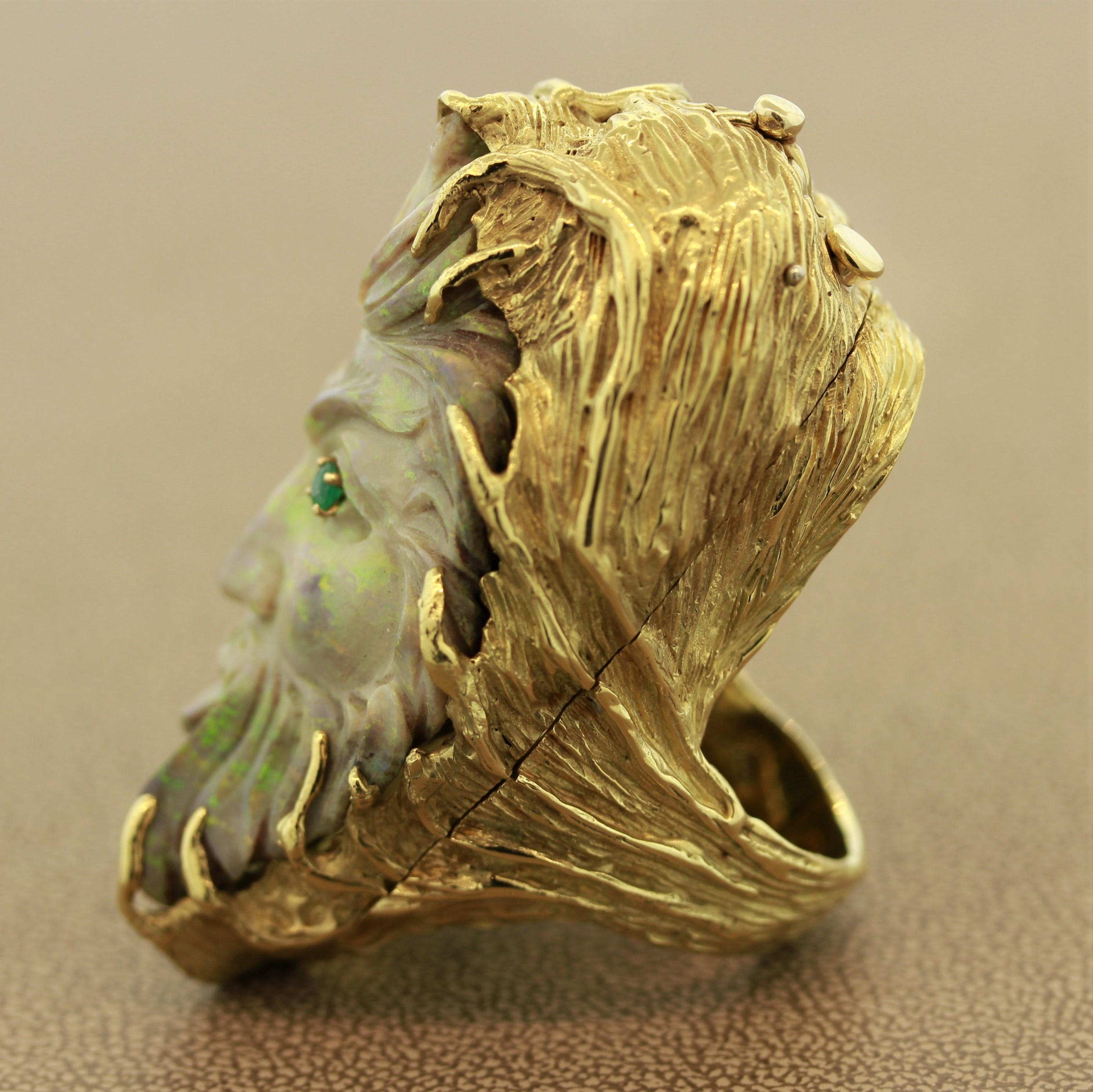 Mixed Cut Australian Opal Carved Face Gold Ring-Pendant