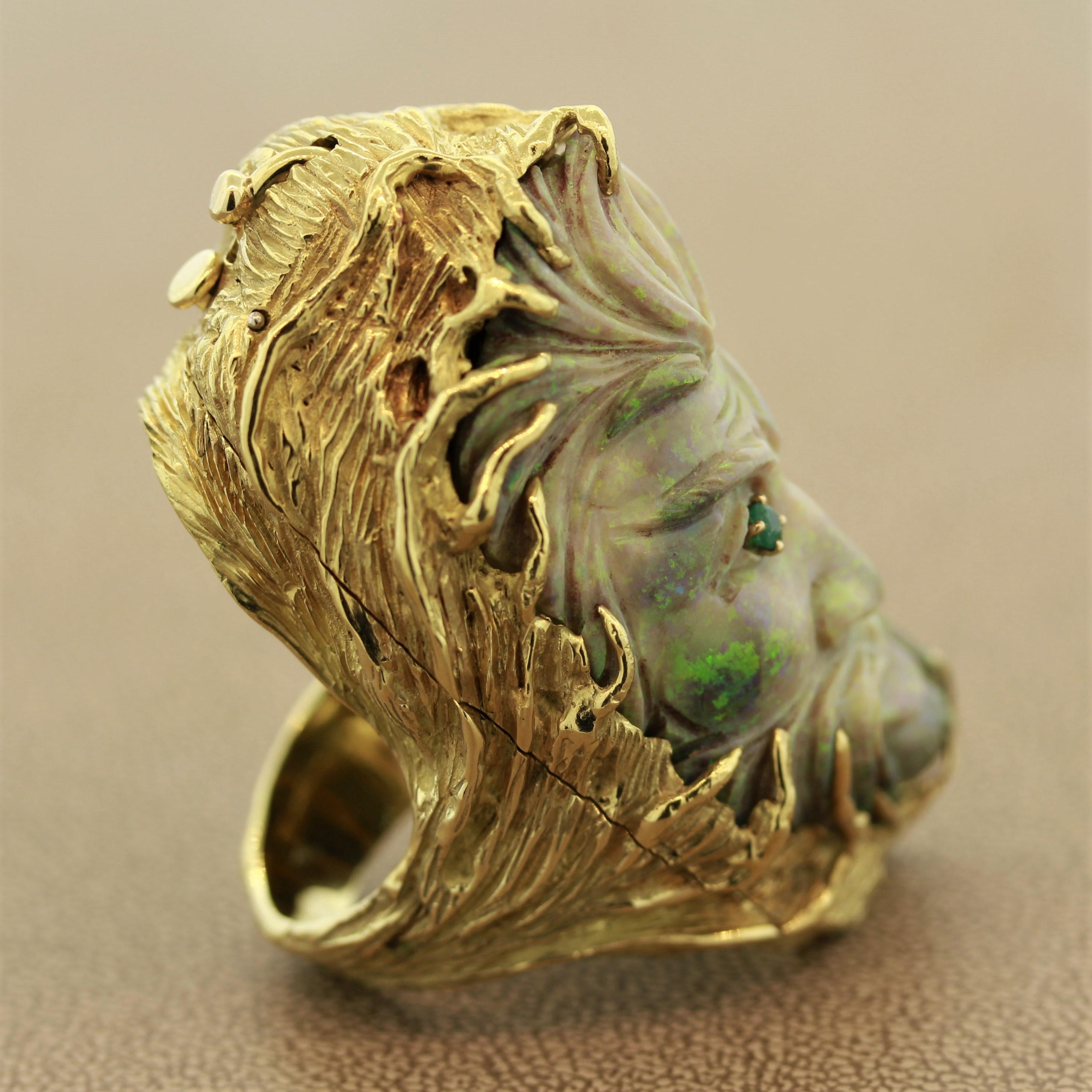 Women's or Men's Australian Opal Carved Face Gold Ring-Pendant