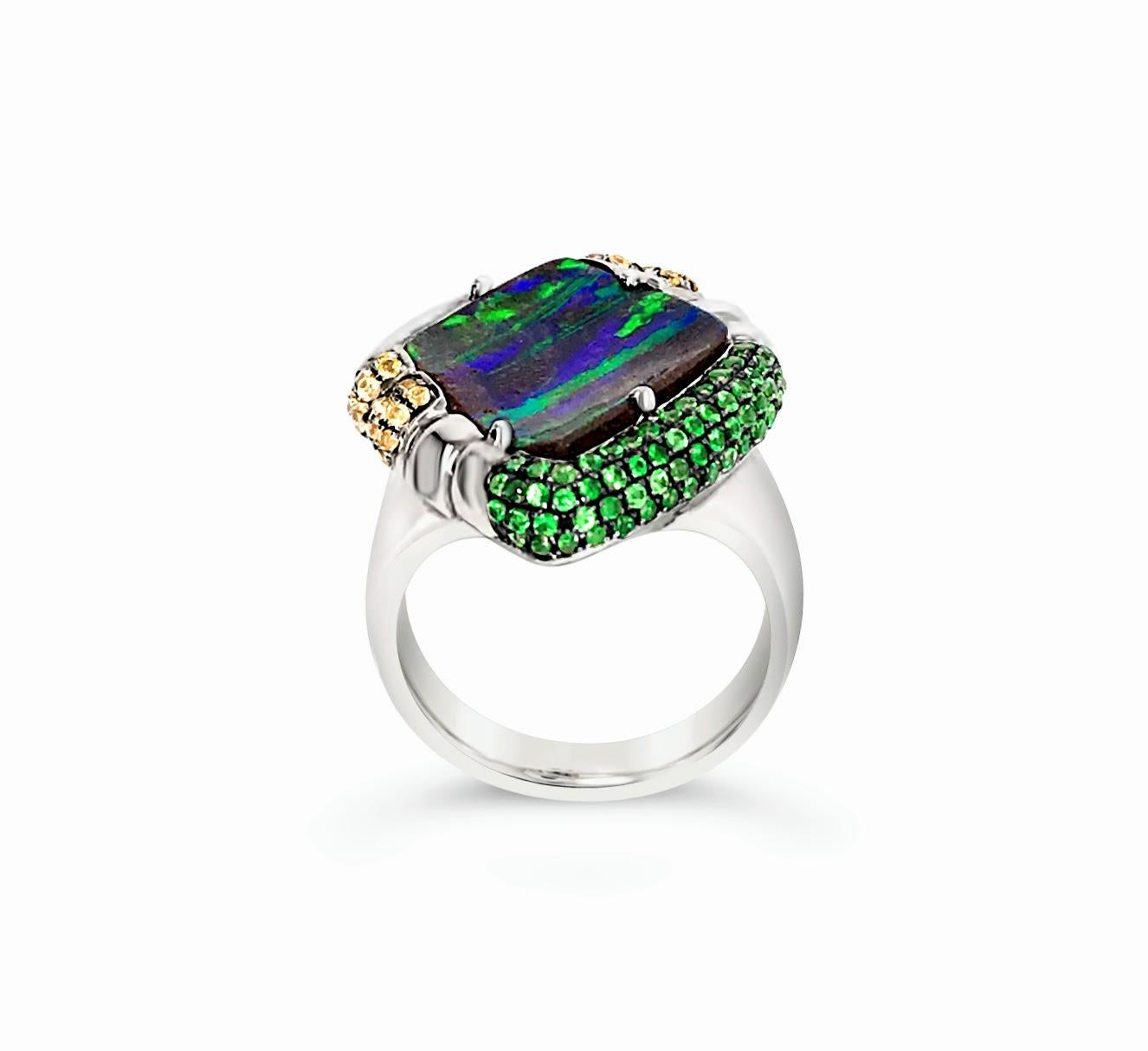 Contemporary Australian 13.76ct Boulder Opal, Garnets, Sapphires Cocktail Ring 18K White Gold For Sale
