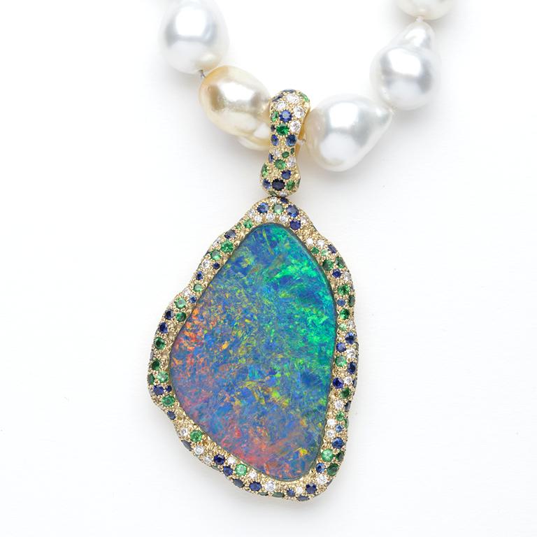 Brilliant Cut Australian Opal, Diamond, Blue Sapphire, and Tsavorite Starry Night Pendant